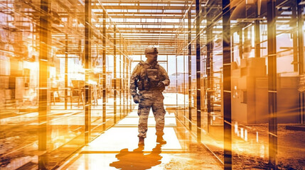 Fototapeta premium Soldiers at war with holograms and holographic elements, artificial intelligence and virtual reality for reconnaissance, soldiers in uniform with guns. Generative AI