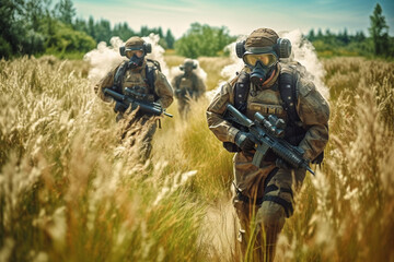 soldier in soldier's uniform with large rifle weapon, soldier's helmet,  fictitious place. Generative AI