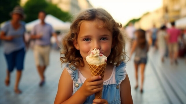 young toddler, girl holding an ice cream cone with ice cream in her hand, outdoors in summer at leisure