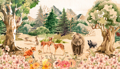 Watercolor illustration of forest animals, children's story scene: bear, deer, rabbit, flowers and trees