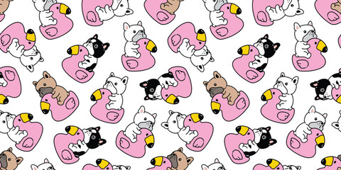 dog seamless pattern french bulldog flamingo swimming ring inflatable pet puppy doodle vector cartoon gift wrapping paper tile background repeat wallpaper scarf isolated illustration design