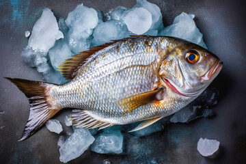top down view of raw sea bream fish dorado in ice. space for text. generative AI