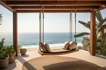 Fototapeta na wymiar Luxury house with veranda with hanging swing with beach view. Generative ai