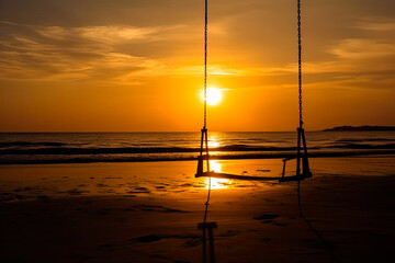 Silhouette of hanging swing with beach view at sunset. Generative ai
