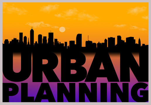 A city skyline at sunset is seen with the printered words urban planning in an illustration on that subject.