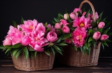 two large pink flowers in box set in small baskets, generative ai