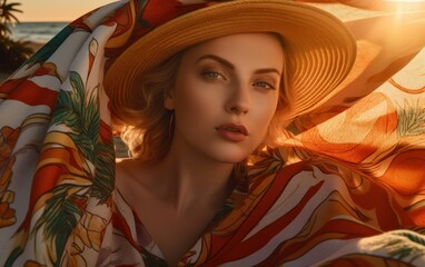 Young and pretty woman wearing colorful clothes, portrait at the beach. Generative AI illustration.