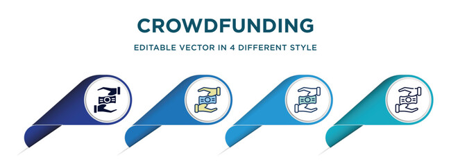 crowdfunding icon in 4 different styles such as filled, color, glyph, colorful, lineal color. set of vector for web, mobile, ui
