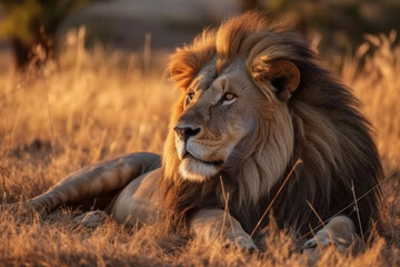 Majestic lion resting in the grassland made with generative ai