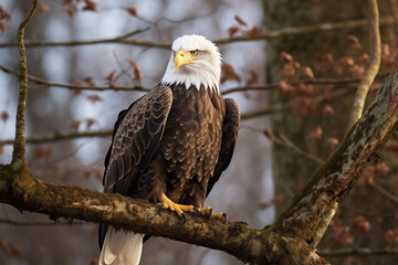 Powerful bald eagle perched on a branch made with generative ai