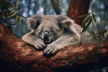 Serene shot of a koala sleeping in a eucalyptus tree made with generative ai