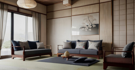 Fototapeta na wymiar Interior design of a living room in Japandi interior design style with comfortable sofa, coffee table, armchair, and rug | Generative Ai | Indoor décor | Japanese furniture