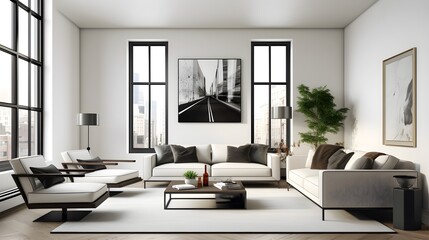 Modern living room with large french windows