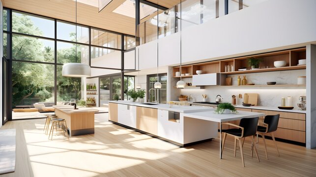 Modern kitchen with bright large french windows