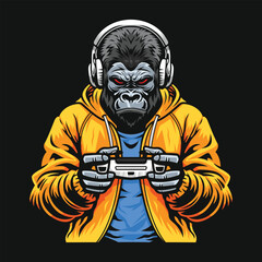 A gorilla wearing hoodie and headphone holding a joystick or game pad or gaming controller