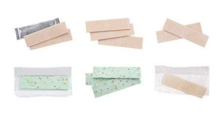 Set with sticks of chewing gum on white background, top view