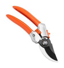 Secateurs with orange handles isolated on white, top view. Gardening tool