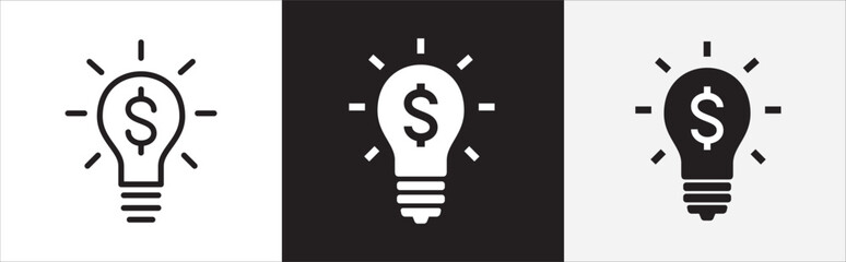 Business idea icon. Light bulb with dollar money sign. Profit business idea concept icons set. Vector in flat and outline design style. Vector stock illustration.