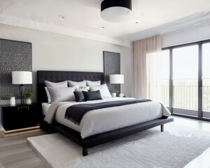 Modern and luxurious master bedroom | Interior design of a bed room | Beautiful and modern bed with pillows and blankets | Generative Ai | Photorealism | Indoor décor
