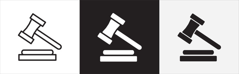 Auction icon set. Gavel hammer auction vector symbol set. Court and verdict symbol. Vector stock illustration in outline and flat simple design style.