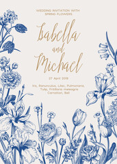 Wedding invitation card in botanical style. Vector illustration. Garden flowers. Bloom. Iris, ranunculus, bluebell, tulip, lilac. Blue. - 602454181