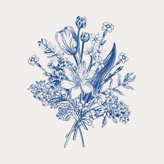 Spring bouquet. Vector illustration. Garden flowers. Bloom. Blue - 602454189