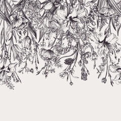 Seamless floral border. Vector illustration. Garden flowers. Bloom. Iris, ranunculus, bluebell, tulip, lilac. Black and white.