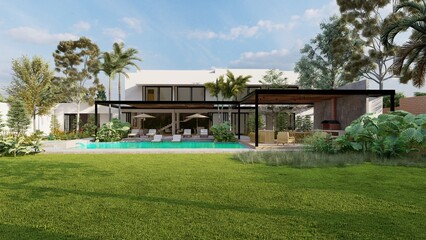 Facade of a house for a millionaire, with a pool, cabins, a terrace with a giant pergola, and many tropical trees.