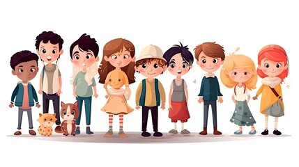 children in cartoon style concept art on a white background - generative AI