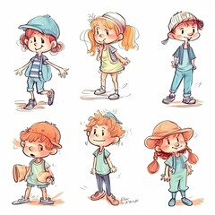 children in cartoon style concept art on a white background - generative AI