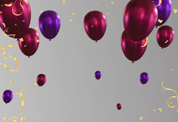 Purple balloons and confetti on black background. Vector illustration.