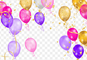 Party balloons background with confetti and ribbons. Vector illustration.