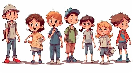 children in cartoon style concept art on a white background - generative AI