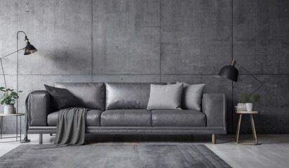 Interior design of a living room with grey long sofa and grey walls | High-resolution illustration of a living room with grey furniture and grey walls | Generative Ai | Modern and stylish living room