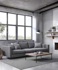 Interior design of a living room with grey long sofa and grey walls | High-resolution illustration of a living room with grey furniture and grey walls | Generative Ai | Modern and stylish living room