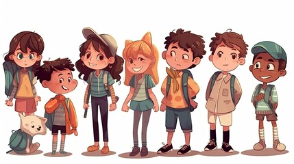 children in cartoon style concept art on a white background - generative AI