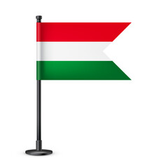 Realistic Hungarian table flag on a black steel pole. Souvenir from Hungary. Desk flag made of paper or fabric and shiny metal stand. Mockup for promotion and advertising. Vector illustration