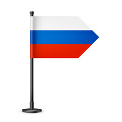 Realistic Russian table flag on a black steel pole. Souvenir from Russia. Desk flag made of paper or fabric and shiny metal stand. Mockup for promotion and advertising. Vector illustration