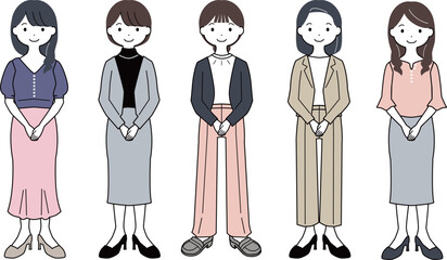 手を組んで立つ働くOLの全身女性イラストセット © 真希 藤城