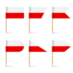 Polish toothpick flags. Souvenir from Poland. Wooden toothpicks with paper flag. Location mark, map pointer. Blank mockup for advertising and promotions. Vector illustration