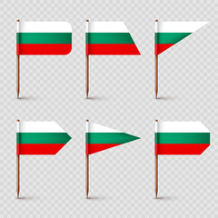 Bulgarian toothpick flags. Souvenir from Bulgaria. Wooden toothpicks with paper flag. Location mark, map pointer. Blank mockup for advertising and promotions. Vector illustration