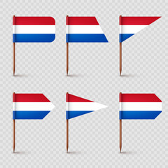 Realistic various Dutch toothpick flags. Souvenir from Netherlands. Wooden toothpicks with paper flag. Location mark, map pointer. Blank mockup for advertising and promotions. Vector illustration