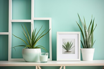Using a mockup of a picture frame, decorate a modern space. Spider plant cuttings are displayed on a white shelf against a pastel turquoise background. Generative AI