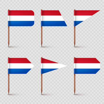 Realistic various Dutch toothpick flags. Souvenir from Netherlands. Wooden toothpicks with paper flag. Location mark, map pointer. Blank mockup for advertising and promotions. Vector illustration