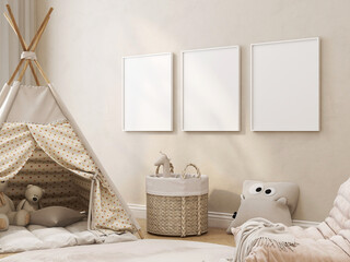 White frame wall art gallery mockup, in kids bedroom beige interior