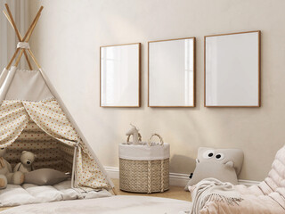 Wood frame wall art gallery mockup with reflections, in kids bedroom beige interior