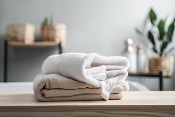 towels on a table with a white top and copy space against a blurry background. for montage of a product display. Generative AI