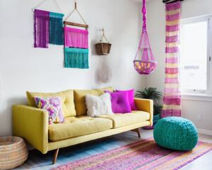 Interior design of a living room with brightly colored walls, long cozy sofas, colorful pillows, armchairs, and textured rug | Bold and colorful living room with bright furniture | Generative Ai