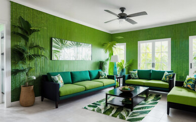 Interior design of a living room inspired by a tropical paradise with bright green walls, woven furniture and bold prints | Modern and luxurious living room with green armchairs | Generative Ai