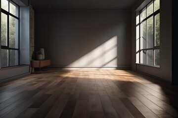Obraz premium Vacant space with dark gray and white walls and a dark wooden floor. Idea for a commercial. a mockup. Generative AI